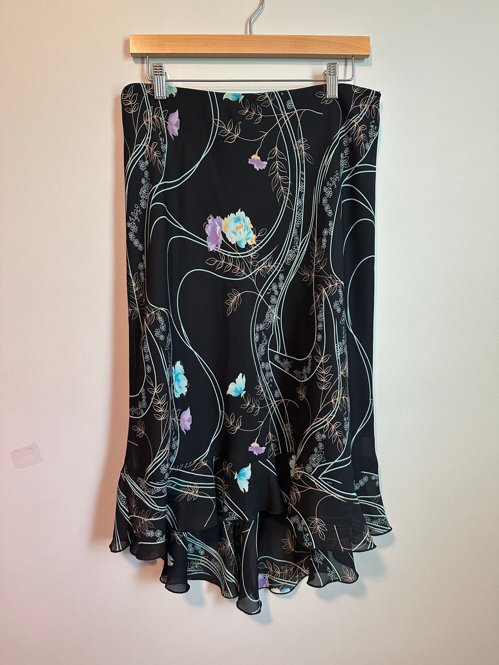 Y2K Black Floral Midi Skirt Asymmetrical Ruffle Hem Fairycore Whimsigoth Large